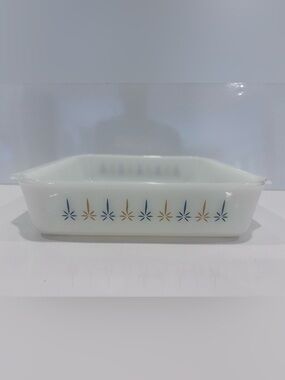 Fire king anchor hocking atomic Starburt gold blue 9” milk glass